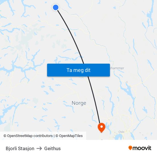 Bjorli Stasjon to Geithus map