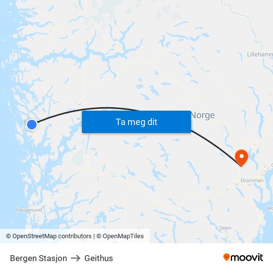 Bergen Stasjon to Geithus map