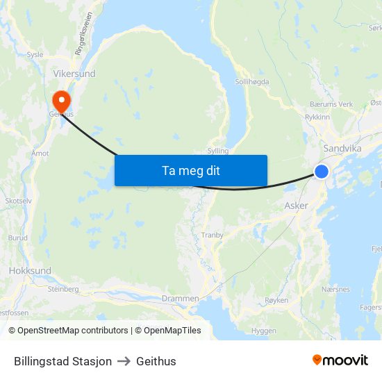 Billingstad Stasjon to Geithus map