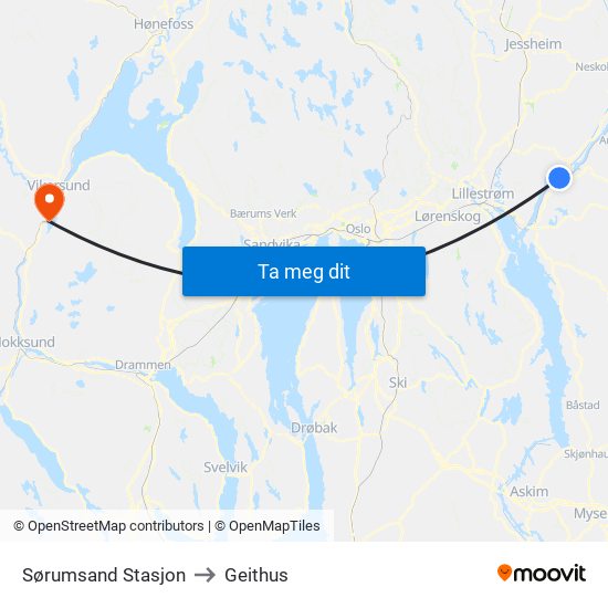 Sørumsand Stasjon to Geithus map