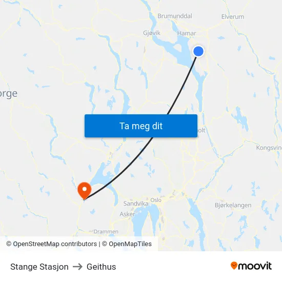 Stange Stasjon to Geithus map