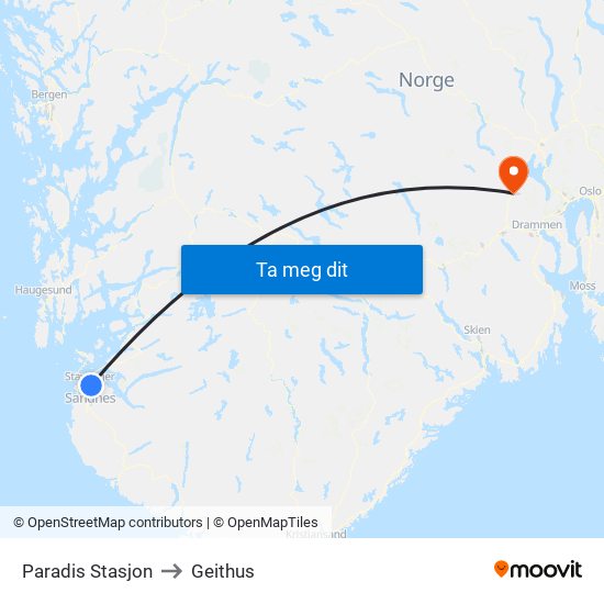 Paradis Stasjon to Geithus map