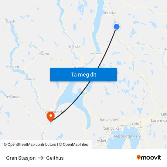 Gran Stasjon to Geithus map