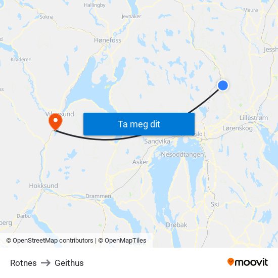 Rotnes to Geithus map