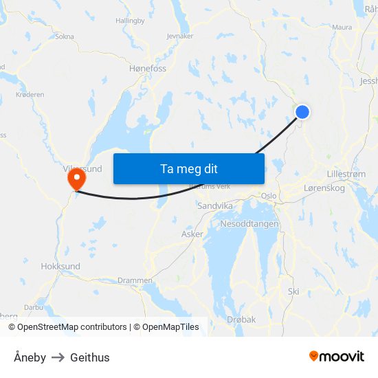 Åneby to Geithus map
