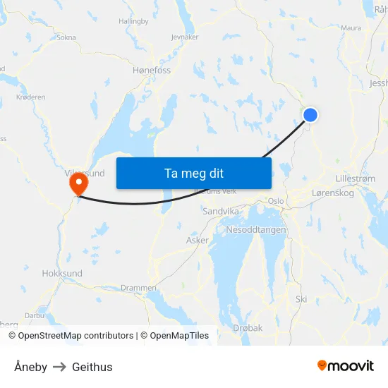 Åneby to Geithus map