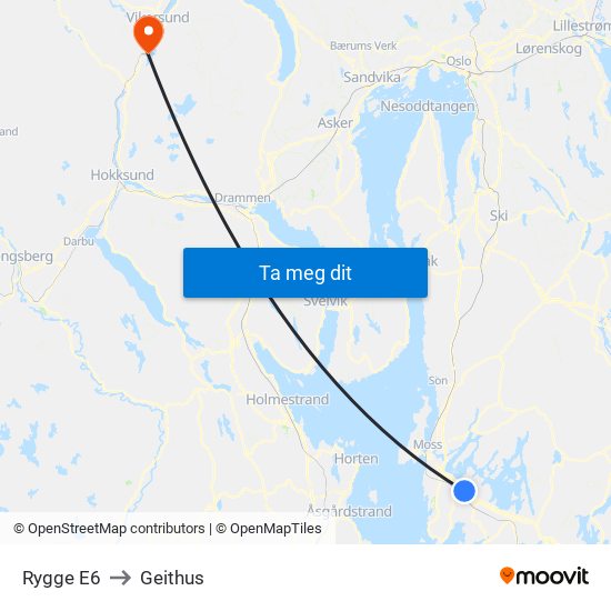 Rygge E6 to Geithus map