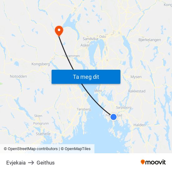 Evjekaia to Geithus map