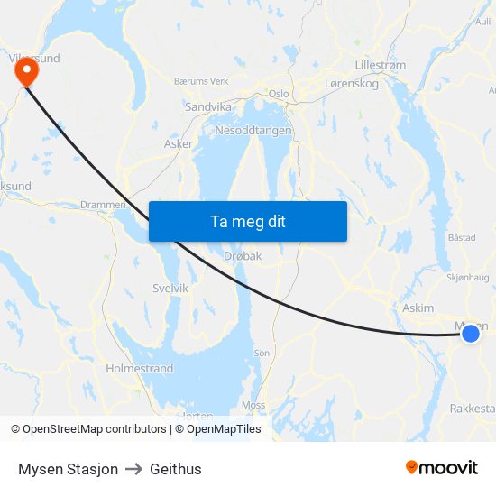 Mysen Stasjon to Geithus map