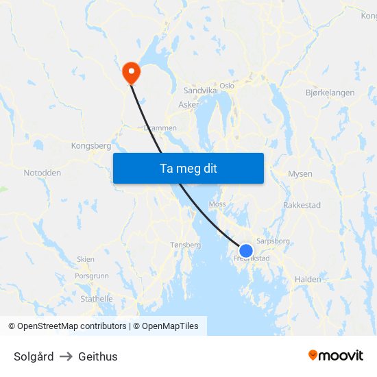 Solgård to Geithus map