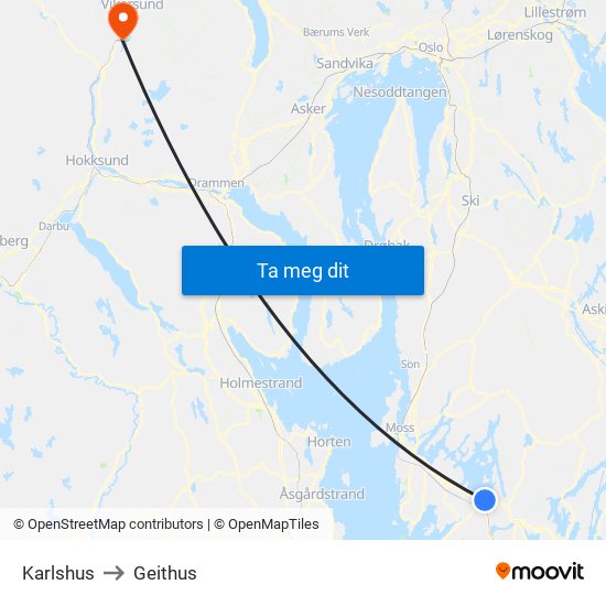 Karlshus to Geithus map