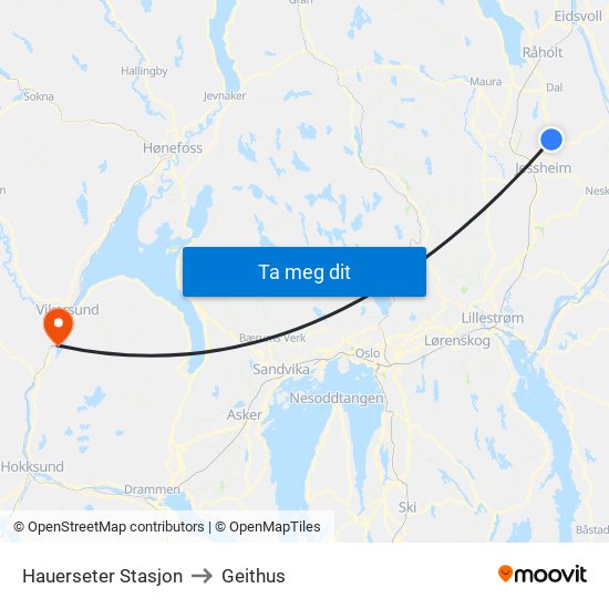 Hauerseter Stasjon to Geithus map