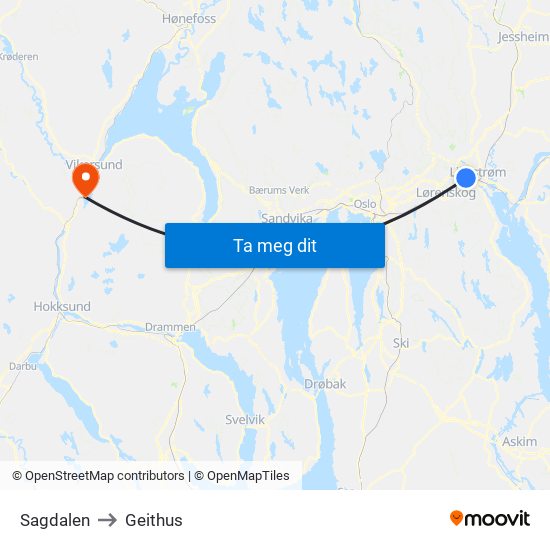 Sagdalen to Geithus map