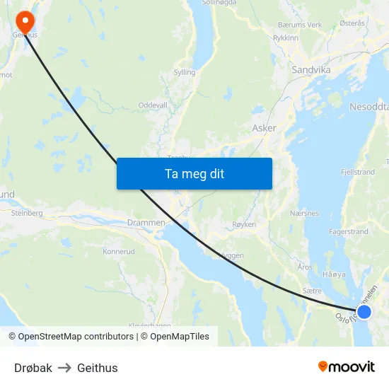 Drøbak to Geithus map