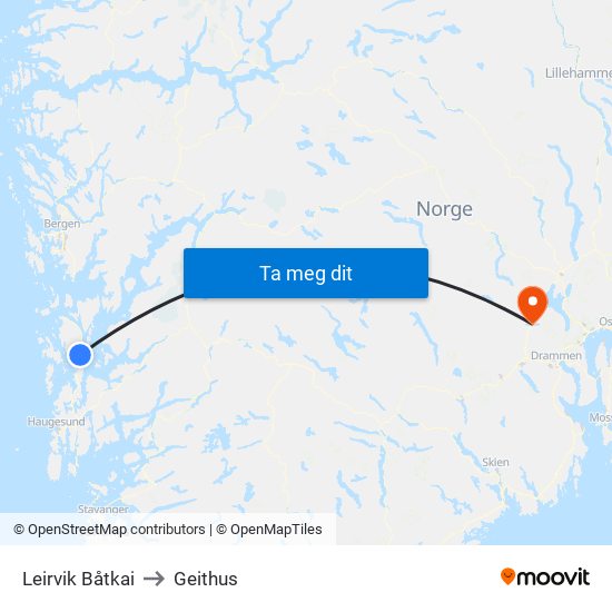 Leirvik Båtkai to Geithus map