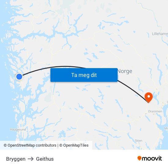 Bryggen to Geithus map