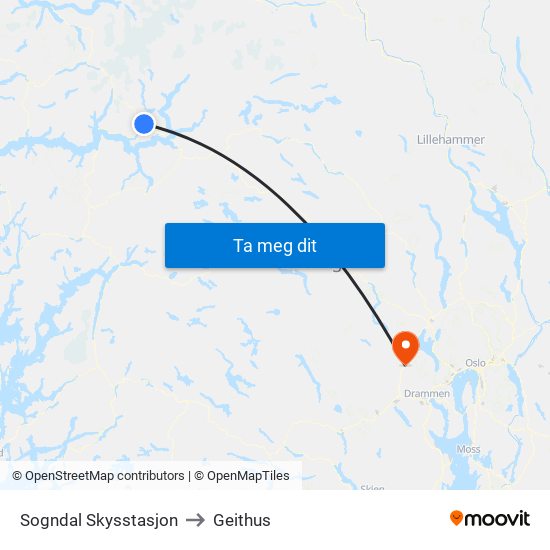 Sogndal Skysstasjon to Geithus map