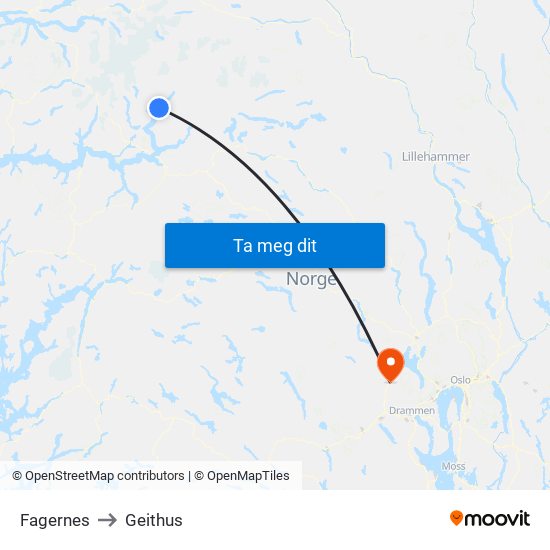 Fagernes to Geithus map