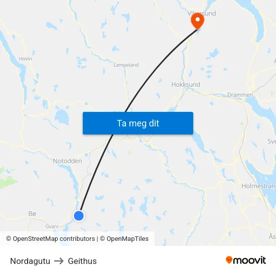 Nordagutu to Geithus map