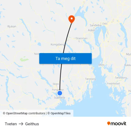 Tveten to Geithus map