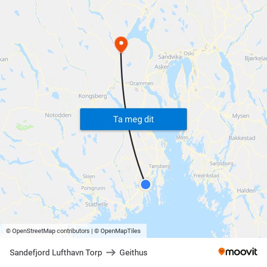 Sandefjord Lufthavn Torp to Geithus map