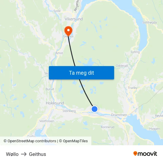 Wøllo to Geithus map