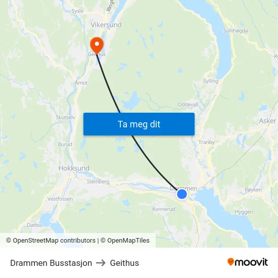 Drammen Busstasjon to Geithus map