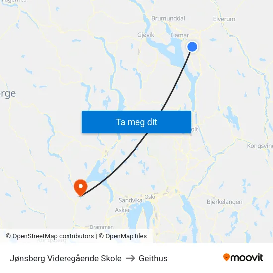 Jønsberg Videregående Skole to Geithus map
