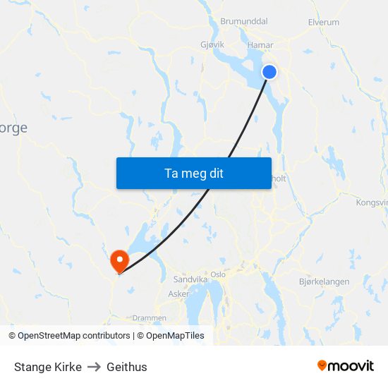 Stange Kirke to Geithus map