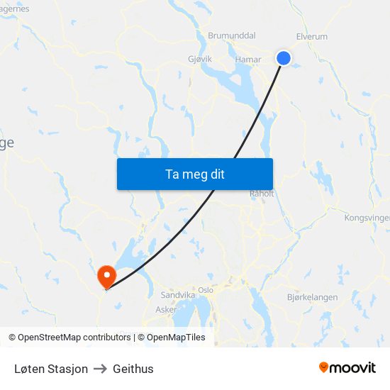 Løten Stasjon to Geithus map