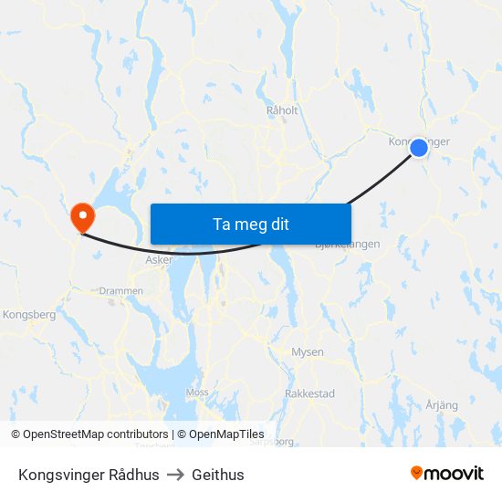 Kongsvinger Rådhus to Geithus map