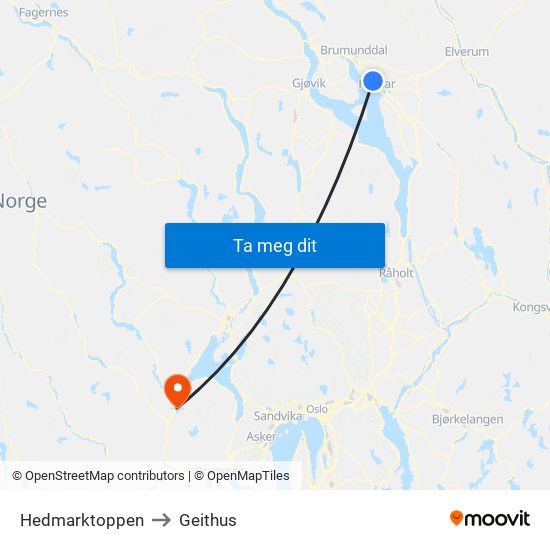 Hedmarktoppen to Geithus map