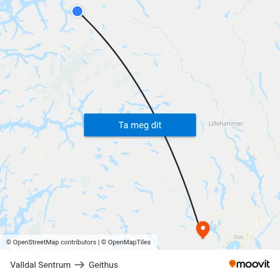 Valldal Sentrum to Geithus map