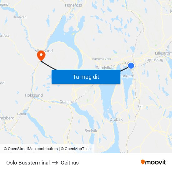 Oslo Bussterminal to Geithus map