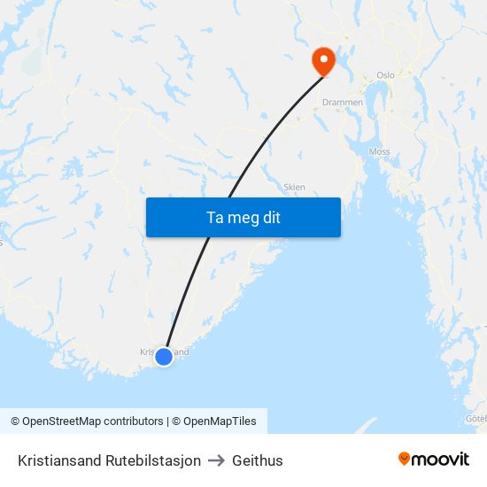 Kristiansand Rutebilstasjon to Geithus map