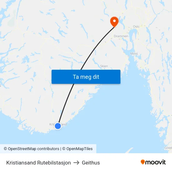 Kristiansand Rutebilstasjon to Geithus map