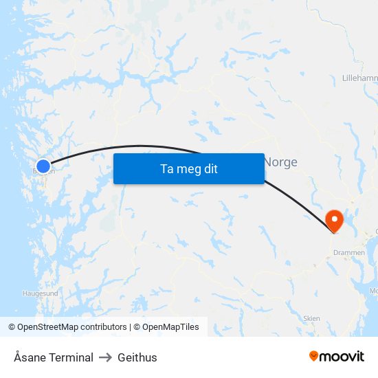 Åsane Terminal to Geithus map