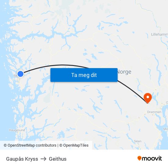 Gaupås Kryss to Geithus map