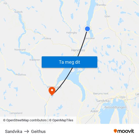 Sandvika to Geithus map