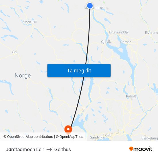 Jørstadmoen Leir to Geithus map