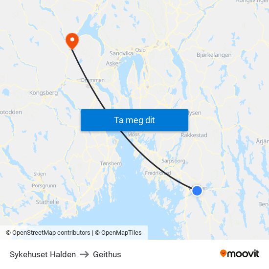 Sykehuset Halden to Geithus map