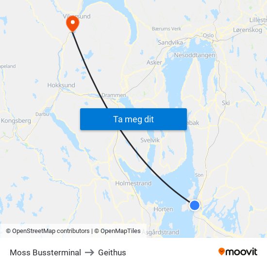 Moss Bussterminal to Geithus map