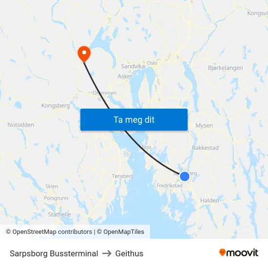 Sarpsborg Bussterminal to Geithus map
