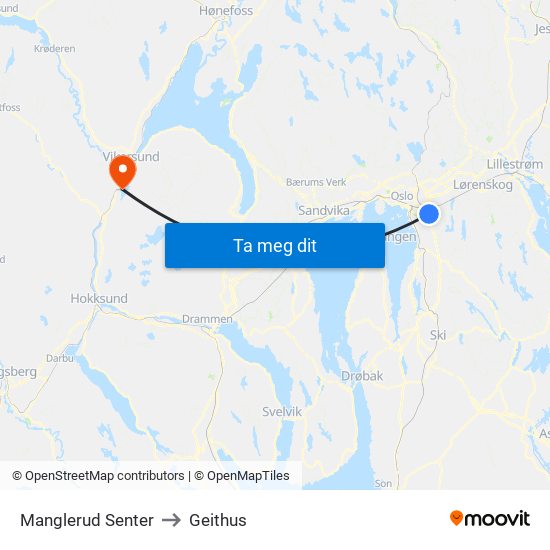 Manglerud Senter to Geithus map