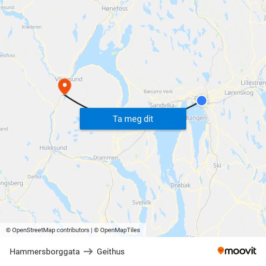 Hammersborggata to Geithus map