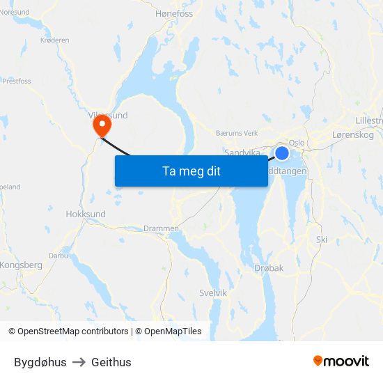 Bygdøhus to Geithus map