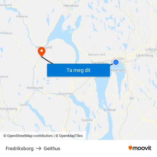 Fredriksborg to Geithus map