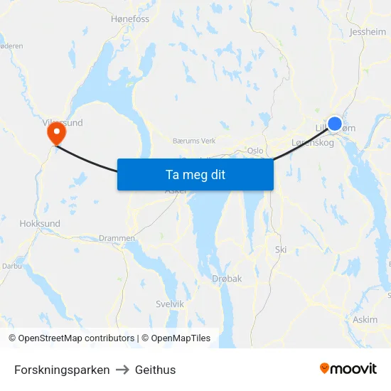 Forskningsparken to Geithus map