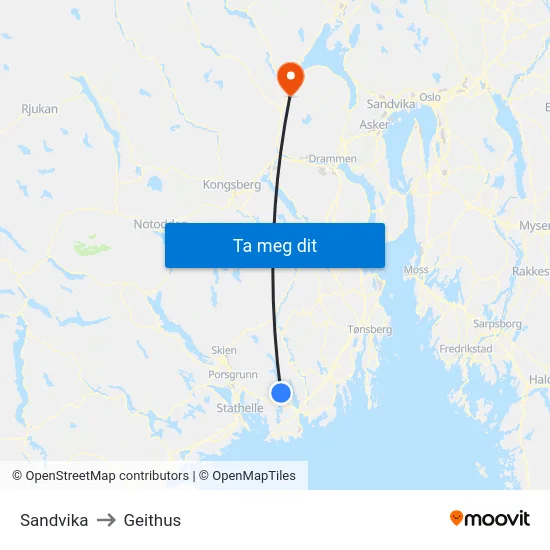 Sandvika to Geithus map