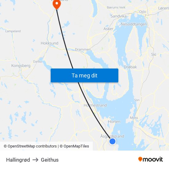 Hallingrød to Geithus map